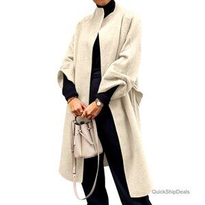 Oversized Wool Blend Pea Coat with Belt, Long Winter Overcoat